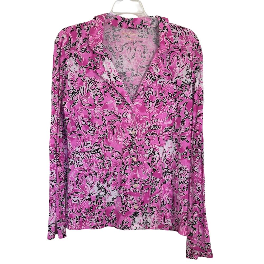 Lilly Pulitzer Purposefully Plumeria Pink Elephant Long Sleeve Pajama Knit Top M